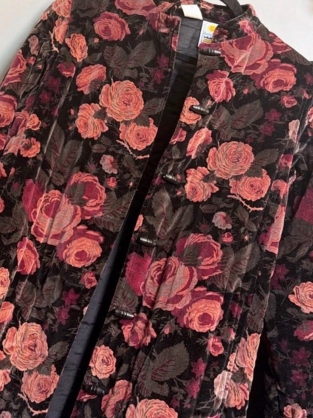 Vintage Quilted Velvet Floral Jacket | Dark Rose Print Romantic Statement Coat